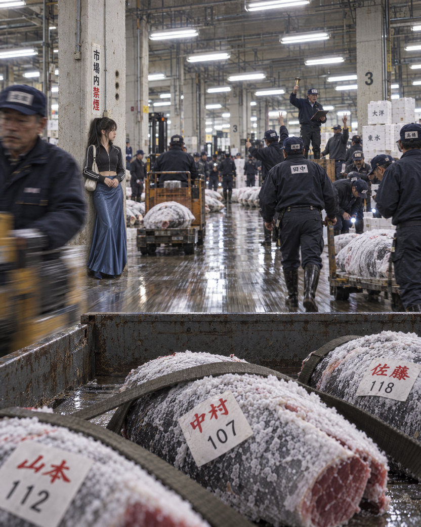 Seen from the bed of a cart, over strapped-down frozen tuna with red name tags. The auction hall recedes behind: workers walk away across the wet floor, another cart carries fish off, and the young woman in the blue skirt still stands by the pillar, small in the distance.