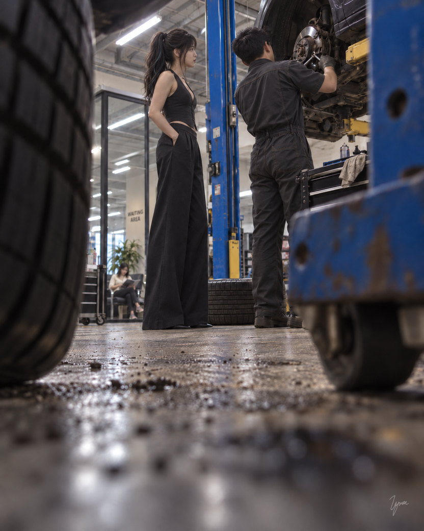 A view from the shop floor, almost at ground level. A large black tire fills the left edge, and a worn blue lift arm looms out of focus on the right. The concrete floor in front is scattered with grit and dark stains. In the middle distance, the same woman in black stands beside the mechanic, who is working on the raised car’s wheel. Far back, the waiting room and its glass wall are visible.