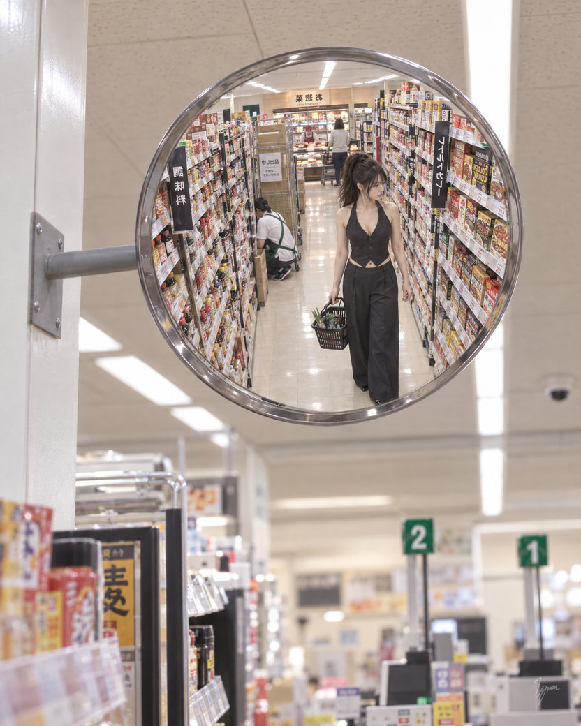 A round convex security mirror mounted on a pillar near the ceiling of the supermarket. In its curved reflection, the same woman walks down the aisle with her basket while the clerk restocks behind her. Below the mirror, out of focus, checkout lane numbers and the tops of shelves.